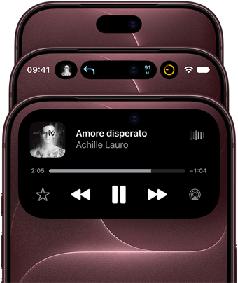 Tre iPhone 18 Pro borgogna disposti a ventaglio per mostrare la Dynamic Island in diverse modalità: disattivata, ridotta, ingrandita